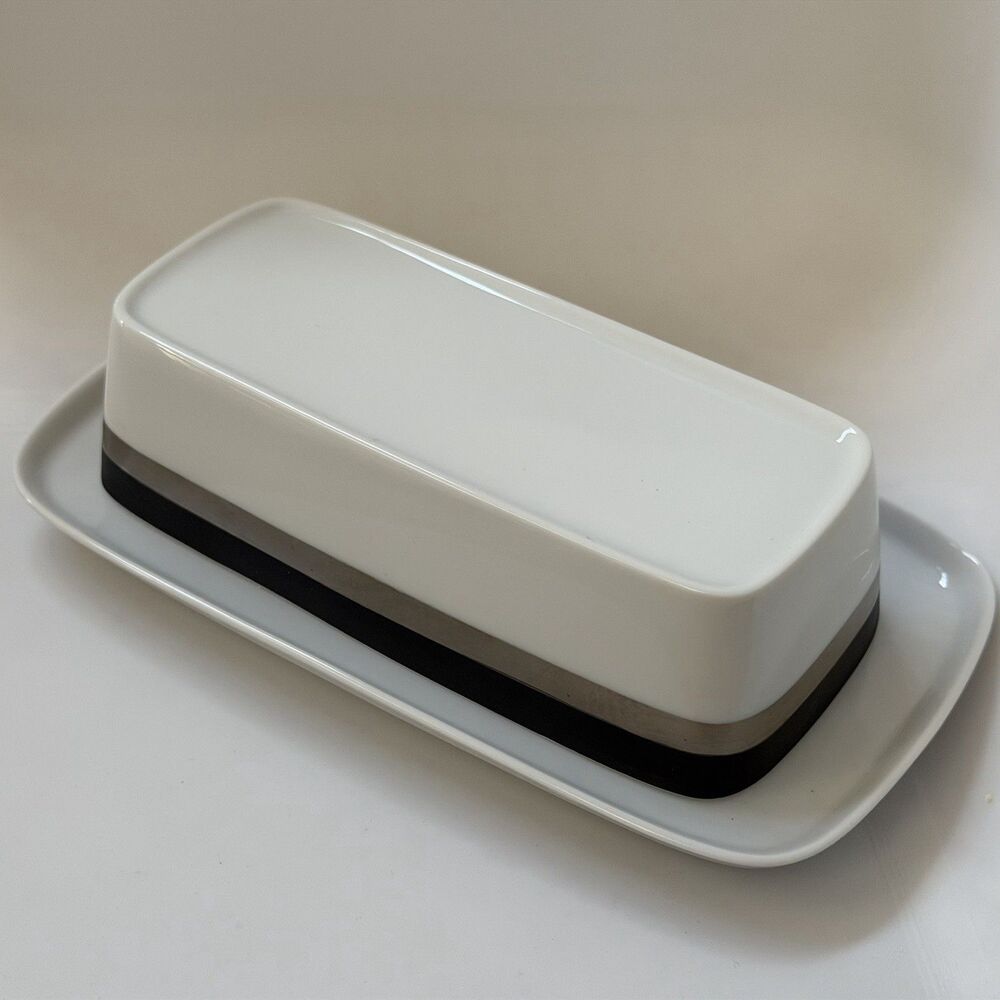 Sango Quadrille Black Satin Covered Butter Dish 7017 Japan Champagne Gold Trim